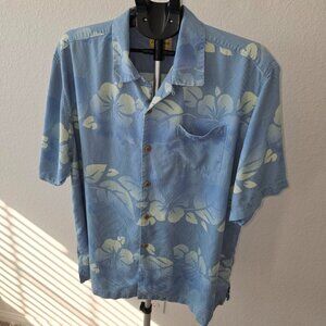 TOMMY BAHAMA MEN XL 100% SILK BLUE W/TROPICAL FLOWER AND FOLIAGE SHORT SLEEVE